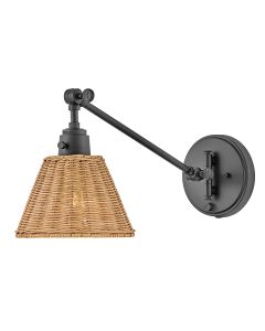 1 lt Wall Light - Black, Natural Rattan Shade