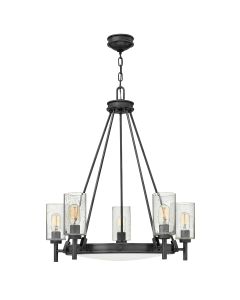 5 lt Chandelier with clear Seeded glass on arms and off-white centre glass - Black Oxide