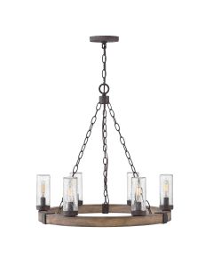6 lt Exterior Chandelier - Sequoia wood effect with rust Iron accents & Clear seeded glass