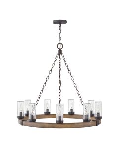 9 lt Exterior Chandelier - Sequoia wood effect with rust Iron accents & Clear seeded glass