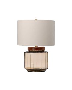 1 Light Table Lamp - Metalwork Aged Brass - Glassware Smoke - Wood Dark Stained