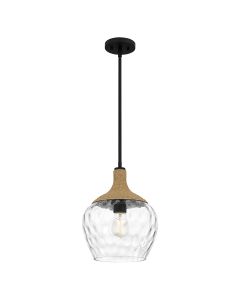 1 lt Pendant - Matte Black with natural rope detail and clear mottled blown glass shade