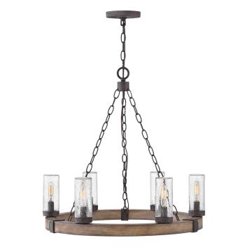 6 lt Exterior Chandelier - Sequoia wood effect with rust Iron accents & Clear seeded glass
