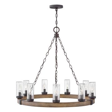 9 lt Exterior Chandelier - Sequoia wood effect with rust Iron accents & Clear seeded glass